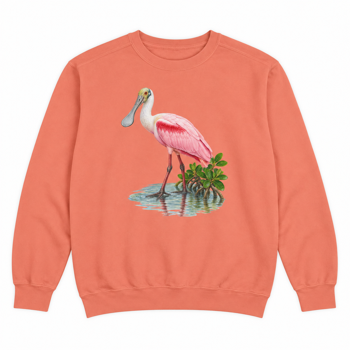 Front view of a Terracotta Comfort Colors 1566 crewneck sweatshirt with a pink roseate spoonbill in mangrove shallows printed on the chest, no text, laid flat