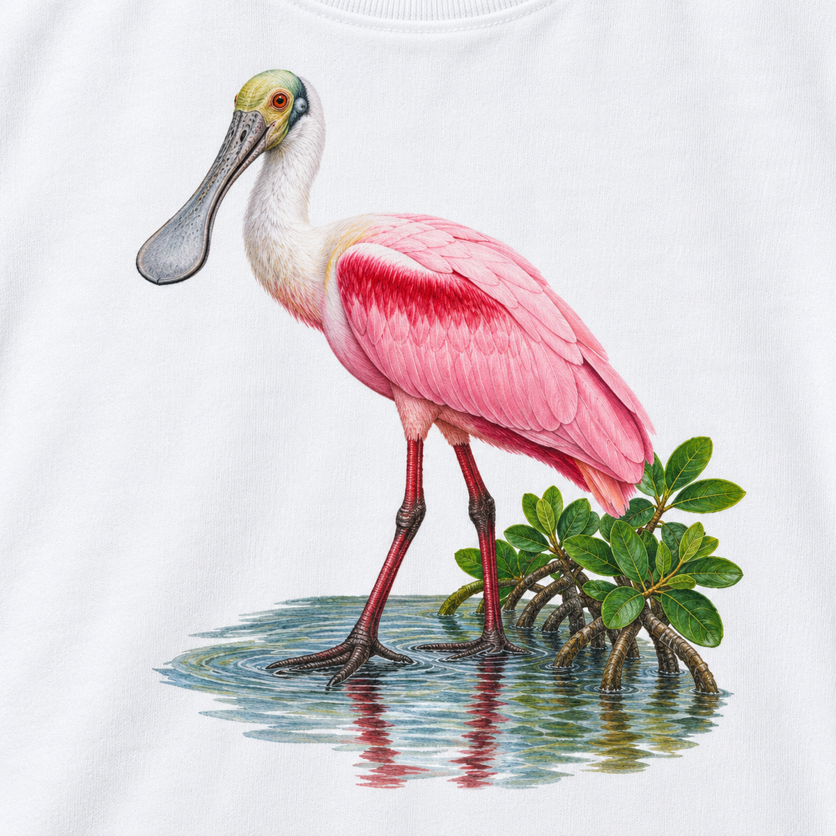 Close-up of the roseate spoonbill print on a White garment-dyed sweatshirt, pink plumage, spoon-shaped bill and mangrove roots, no text