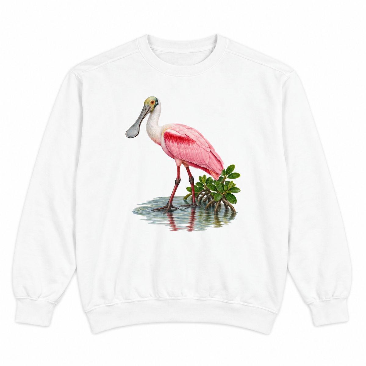Front view of a White Comfort Colors 1566 crewneck sweatshirt with a pink roseate spoonbill in mangrove shallows printed on the chest, no text, laid flat