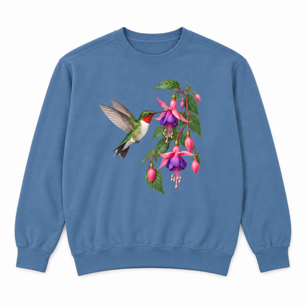 Ruby-throated Hummingbird & Fuchsia sweatshirt in Blue Jean, flat view of the garment-dyed Comfort Colors 1566 crewneck