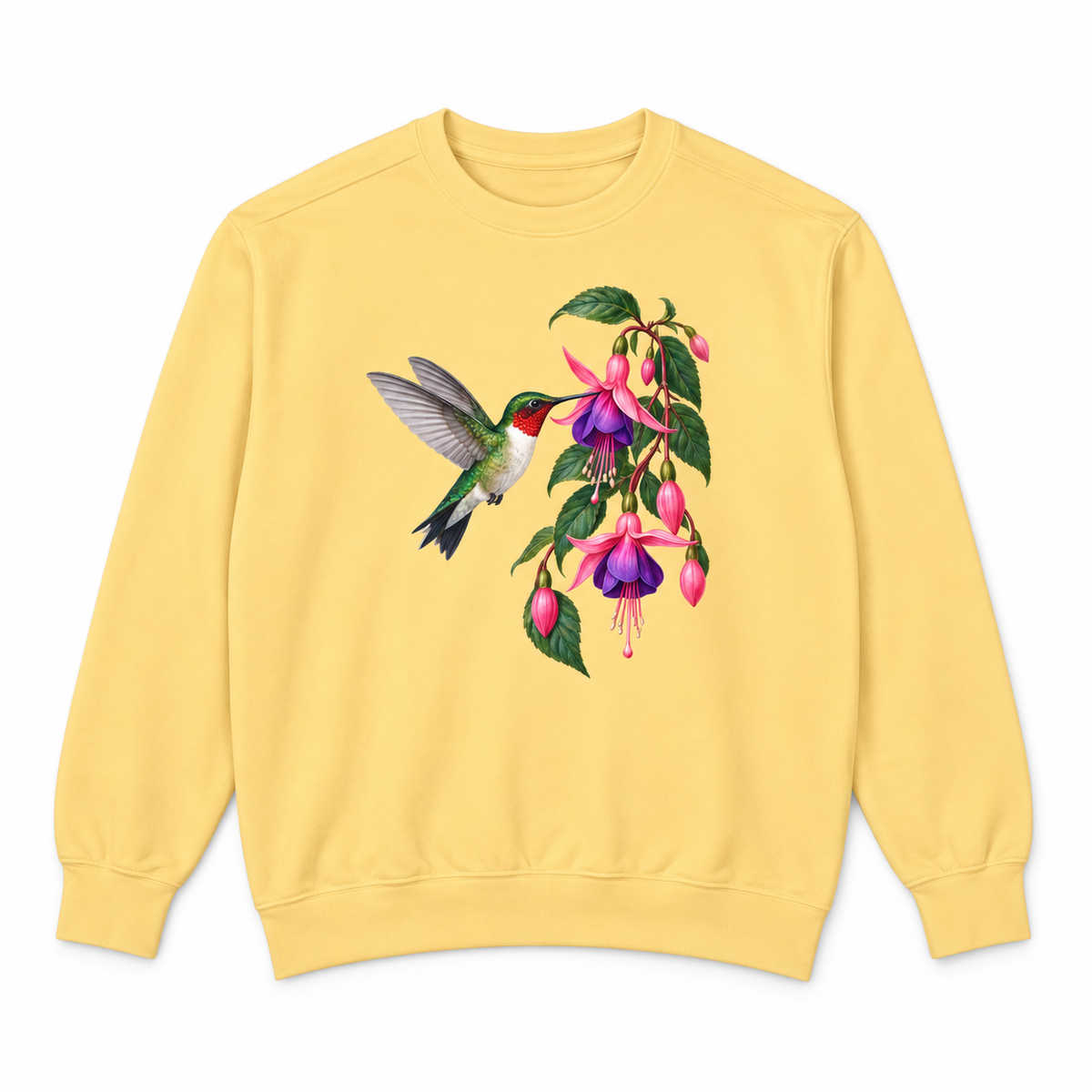 Ruby-throated Hummingbird & Fuchsia sweatshirt in Butter, flat view
