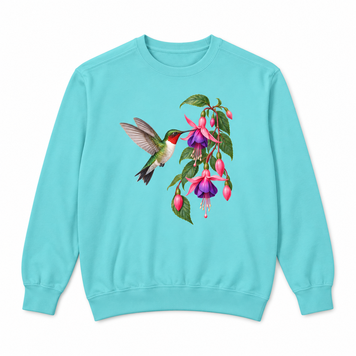 Ruby-throated Hummingbird & Fuchsia sweatshirt in Chalky Mint, flat view