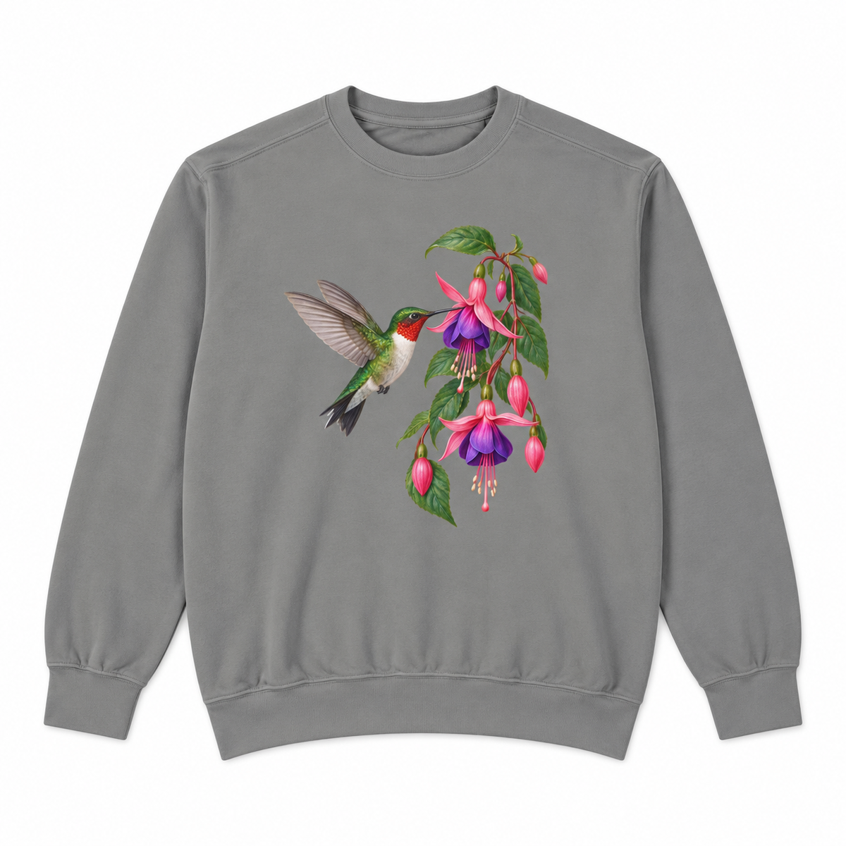 Ruby-throated Hummingbird & Fuchsia sweatshirt in Grey, flat view