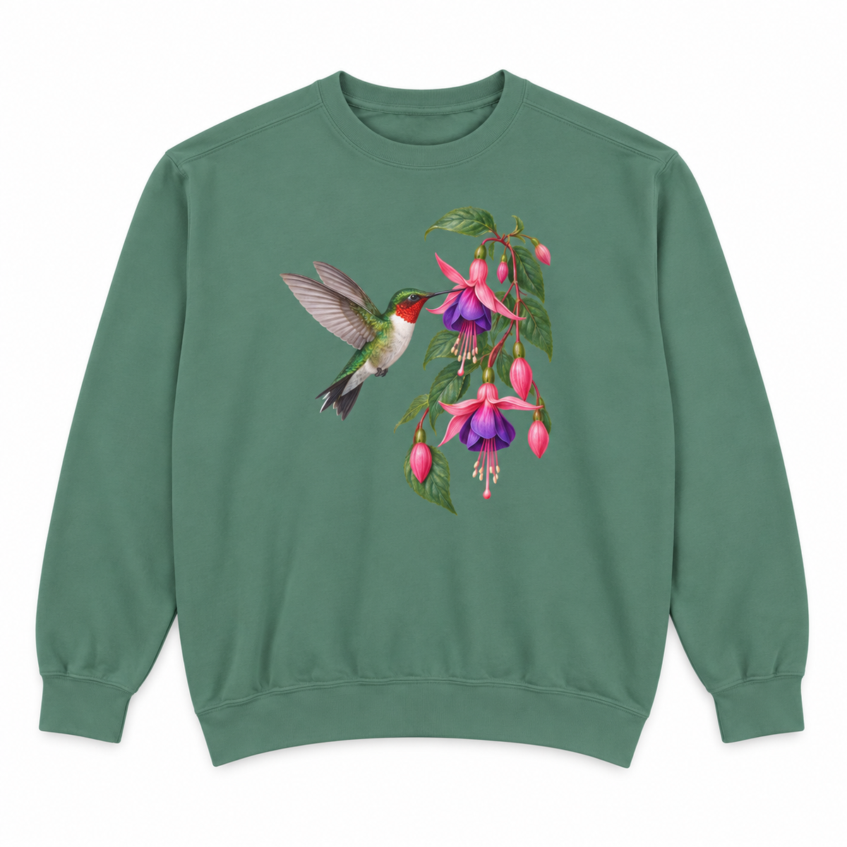 Ruby-throated Hummingbird & Fuchsia sweatshirt in Light Green, flat view