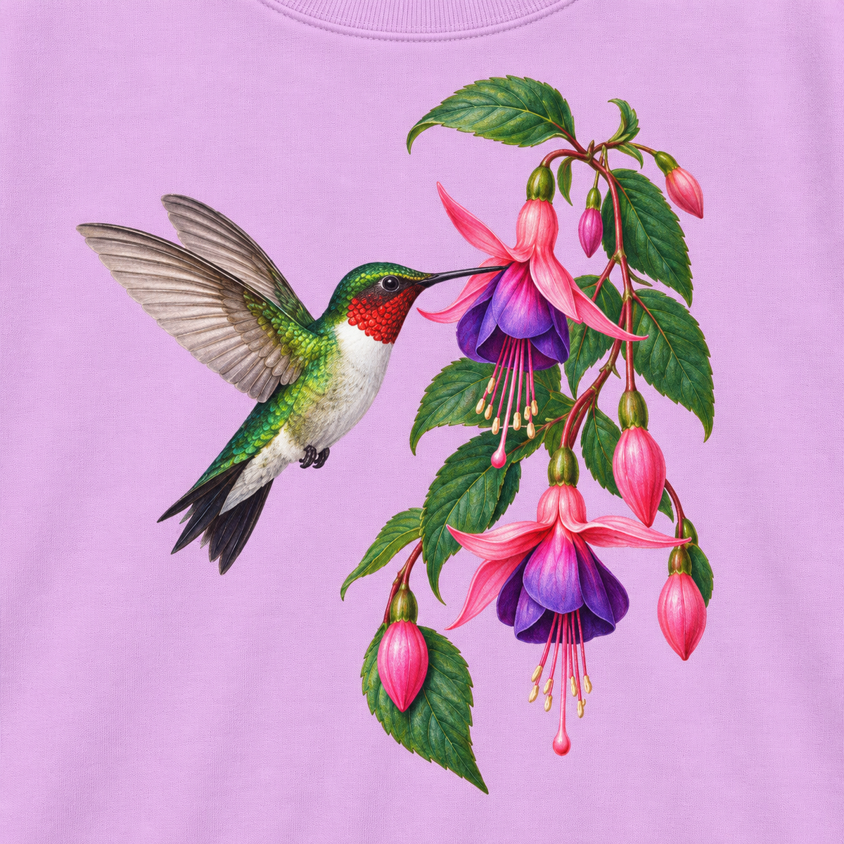 Close-up of the hummingbird and fuchsia print on Orchid fleece
