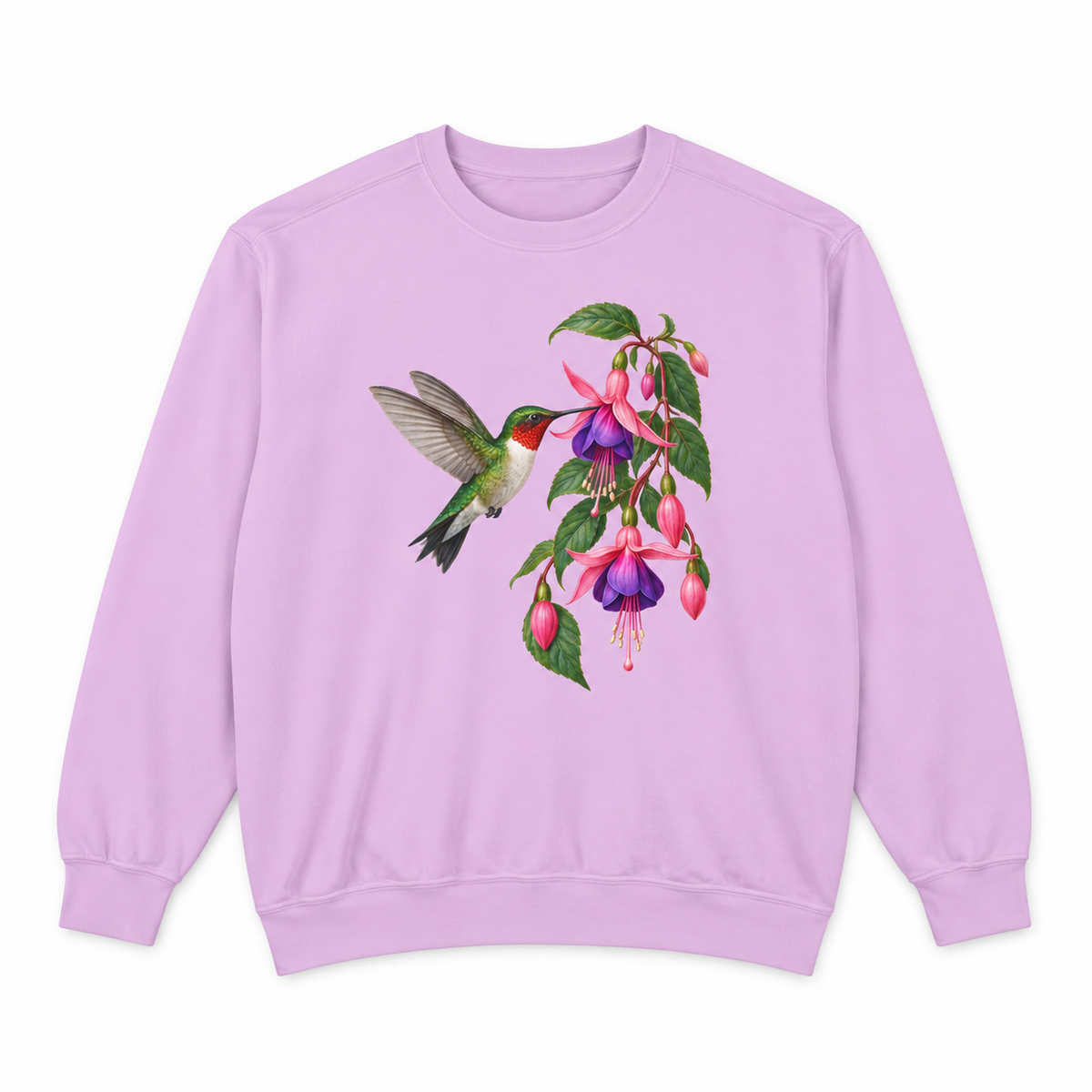 Ruby-throated Hummingbird & Fuchsia sweatshirt in Orchid, flat view