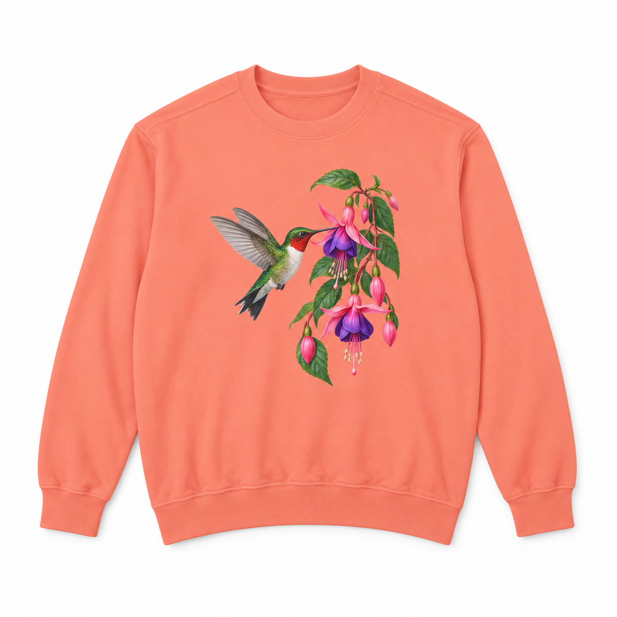 Ruby-throated Hummingbird & Fuchsia sweatshirt in Terracotta, flat view