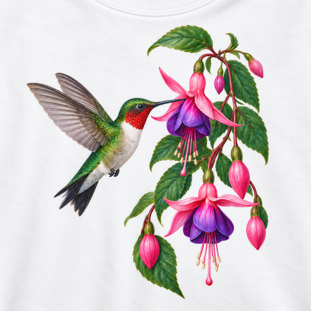 Close-up of the hummingbird and fuchsia print on White fleece
