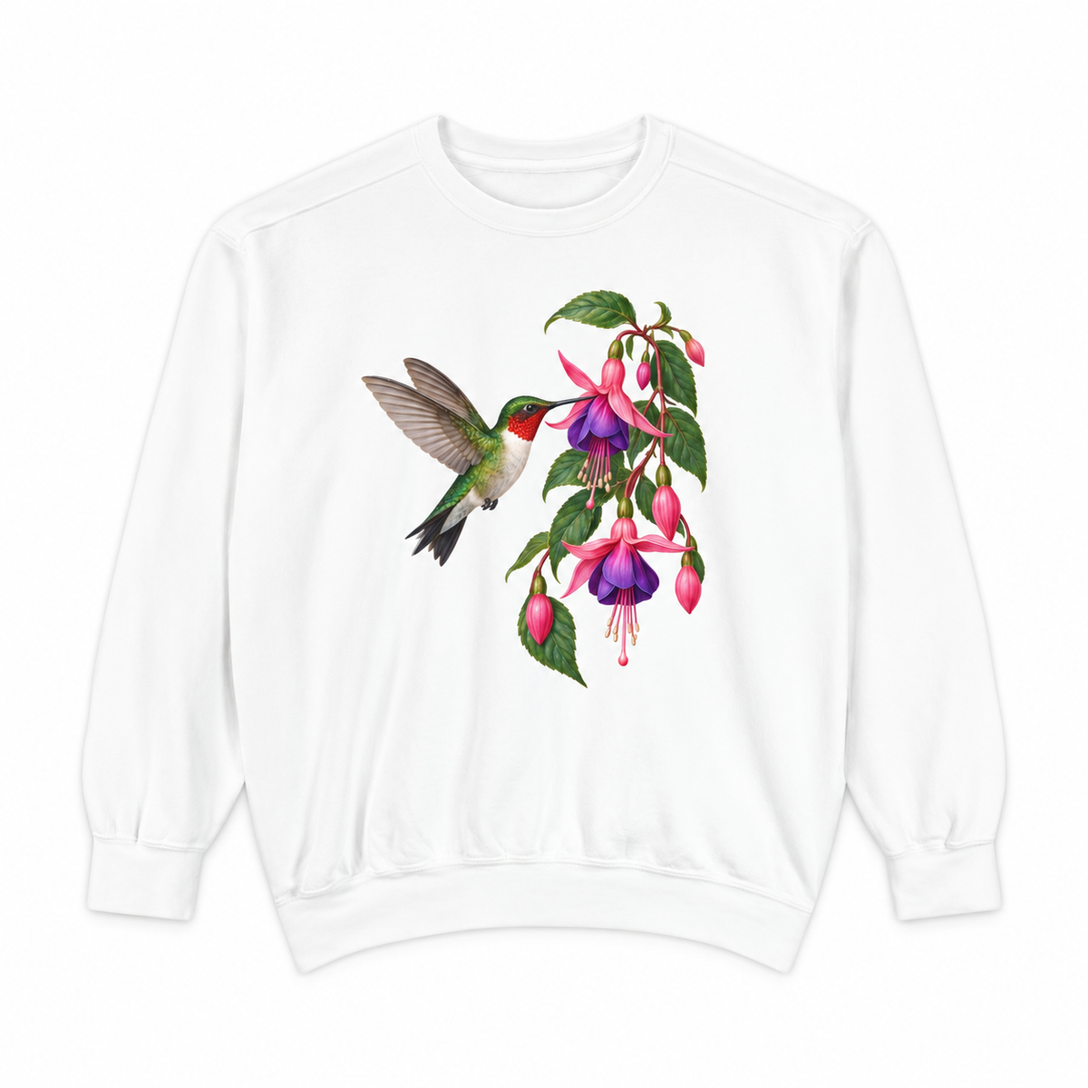 Ruby-throated Hummingbird & Fuchsia sweatshirt in White, flat view