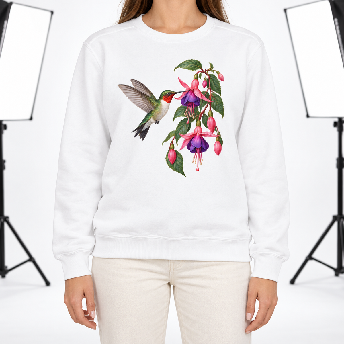 Woman wearing the Ruby-throated Hummingbird & Fuchsia sweatshirt in White