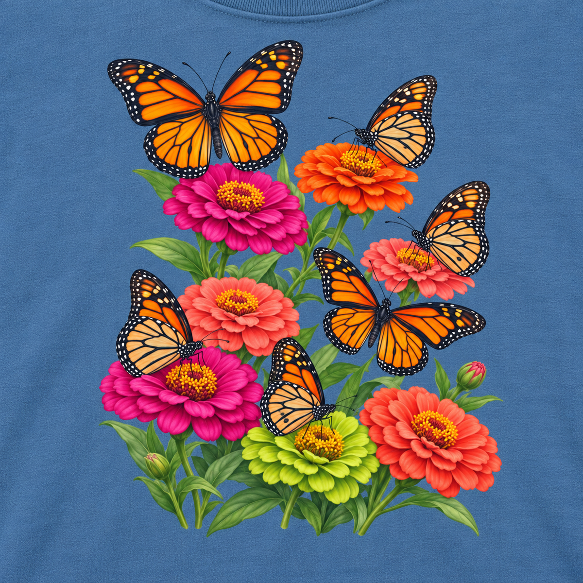 Close-up of the six monarchs and zinnias print on Blue Jean fleece