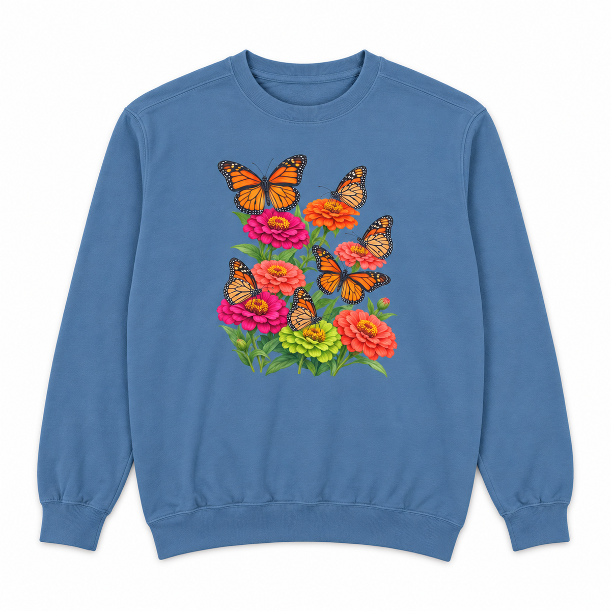 Six Monarchs & Blooming Zinnias sweatshirt in Blue Jean, flat view