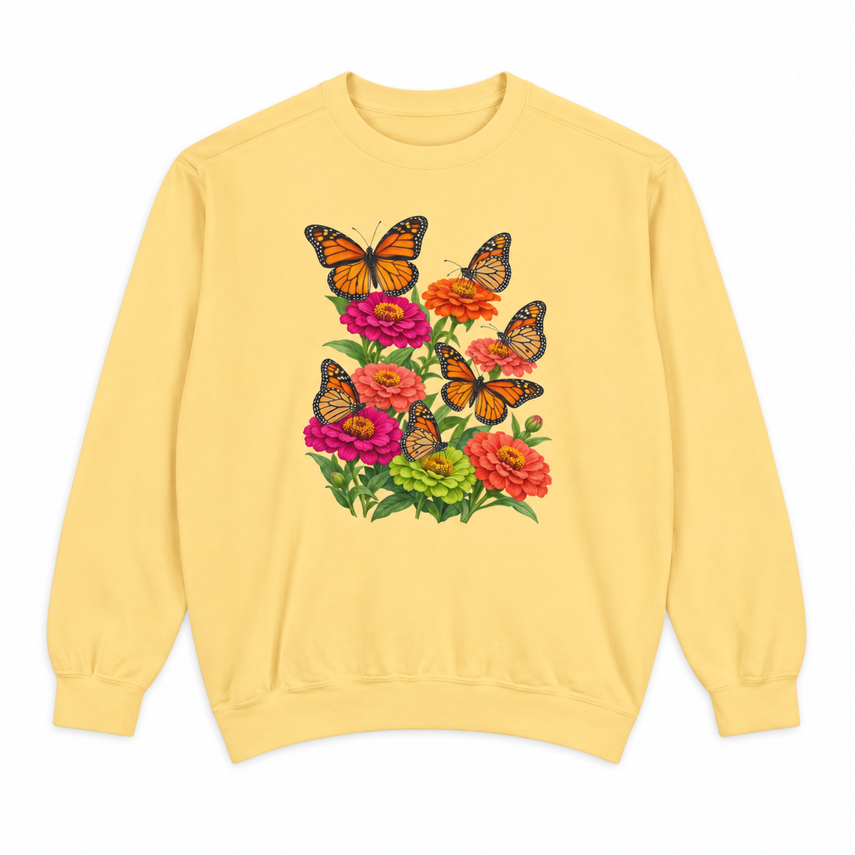 Six Monarchs & Blooming Zinnias sweatshirt in Butter, flat view