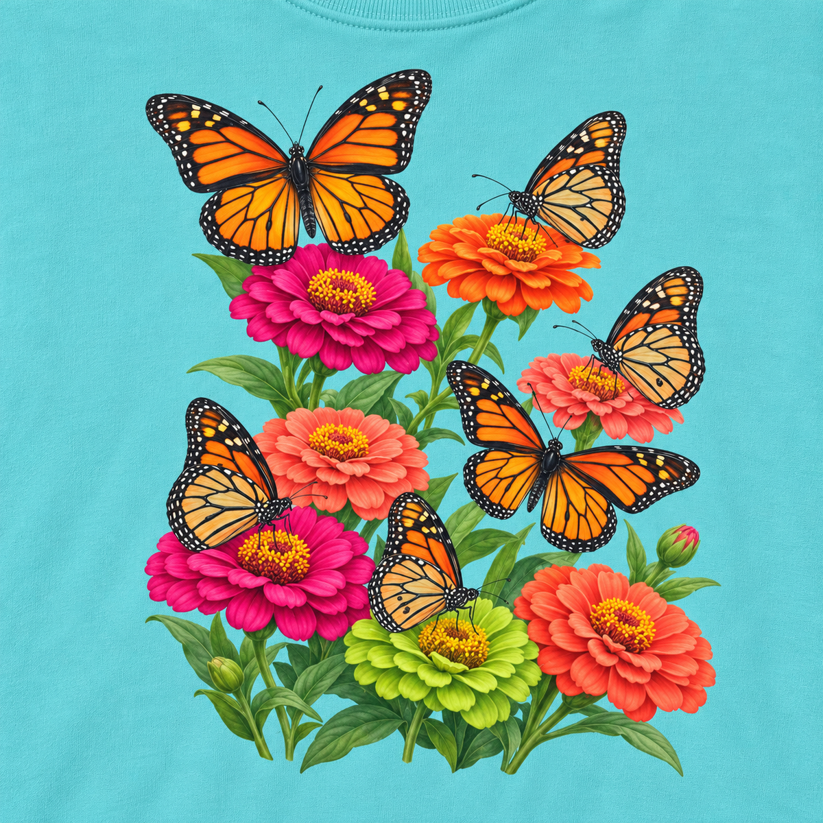 Close-up of the six monarchs and zinnias print on Chalky Mint fleece