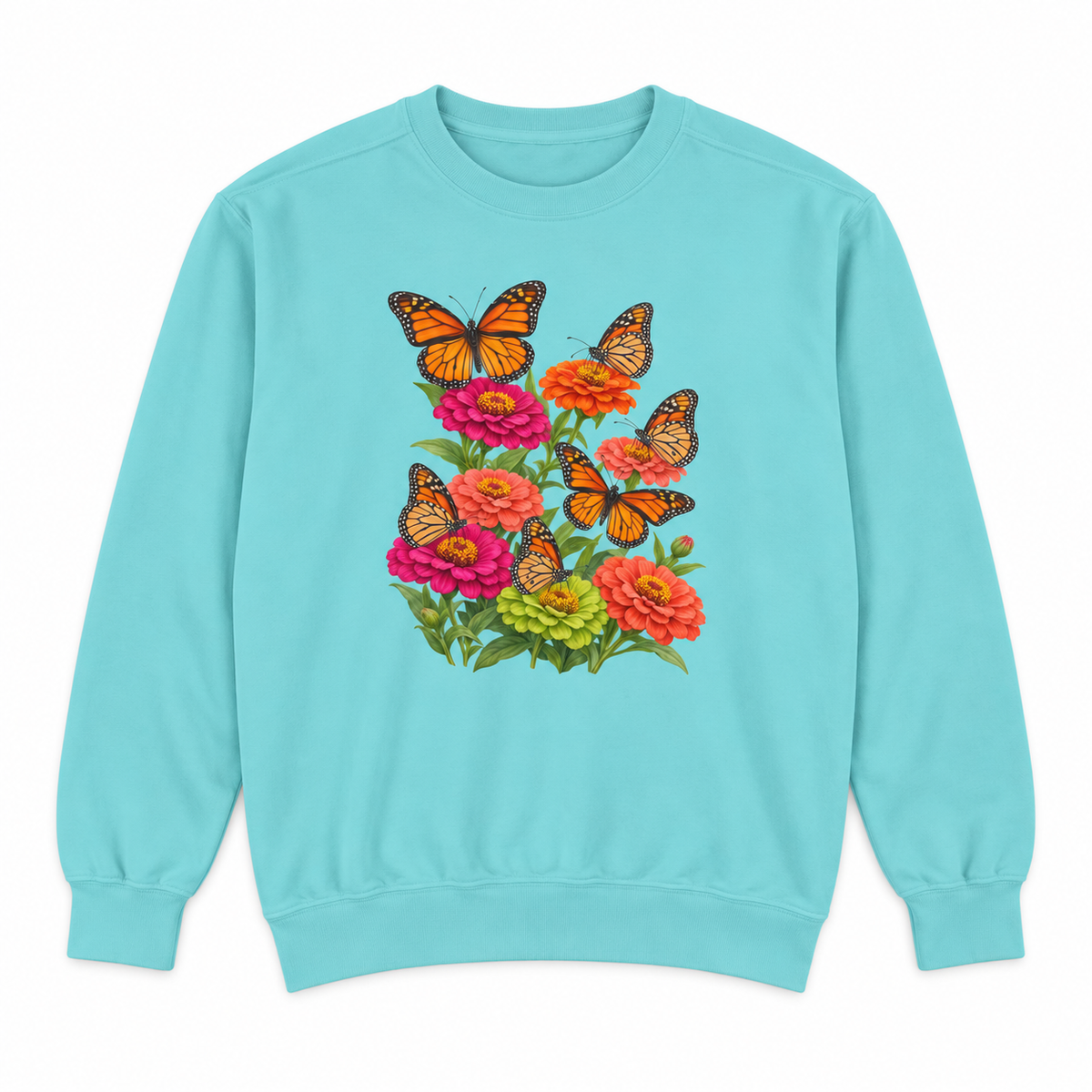 Six Monarchs & Blooming Zinnias sweatshirt in Chalky Mint, flat view of the garment-dyed Comfort Colors 1566 crewneck