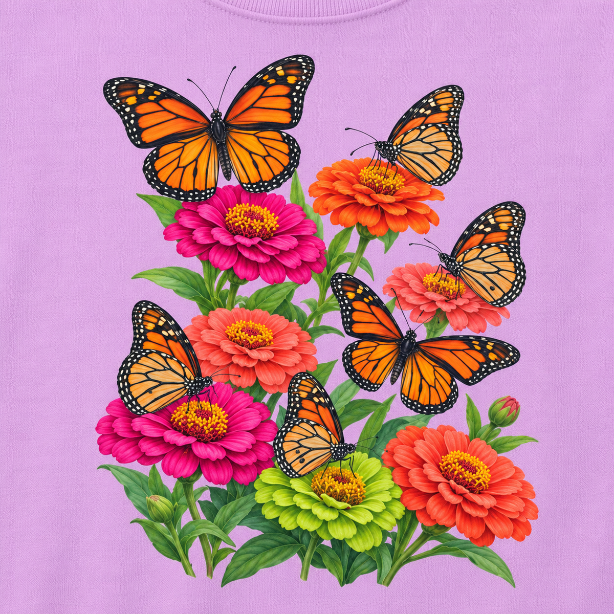 Close-up of the six monarchs and zinnias print on Orchid fleece