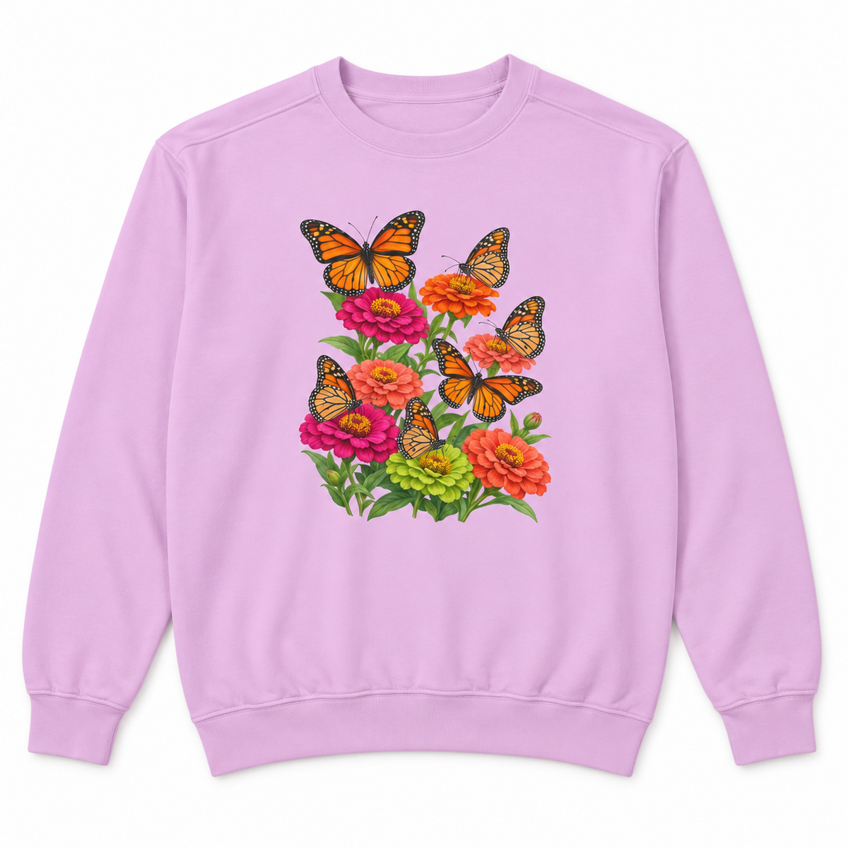 Six Monarchs & Blooming Zinnias sweatshirt in Orchid, flat view