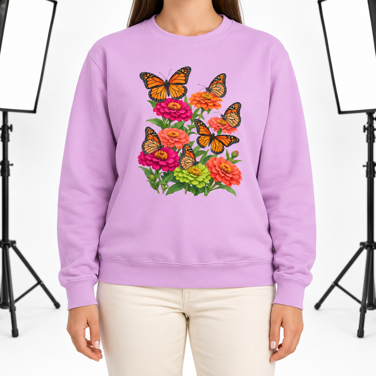 Woman wearing the Six Monarchs & Blooming Zinnias sweatshirt in Orchid