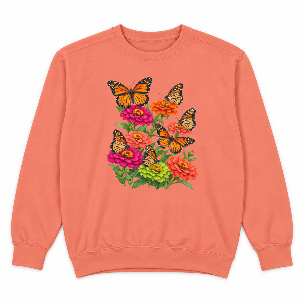 Six Monarchs & Blooming Zinnias sweatshirt in Terracotta, flat view