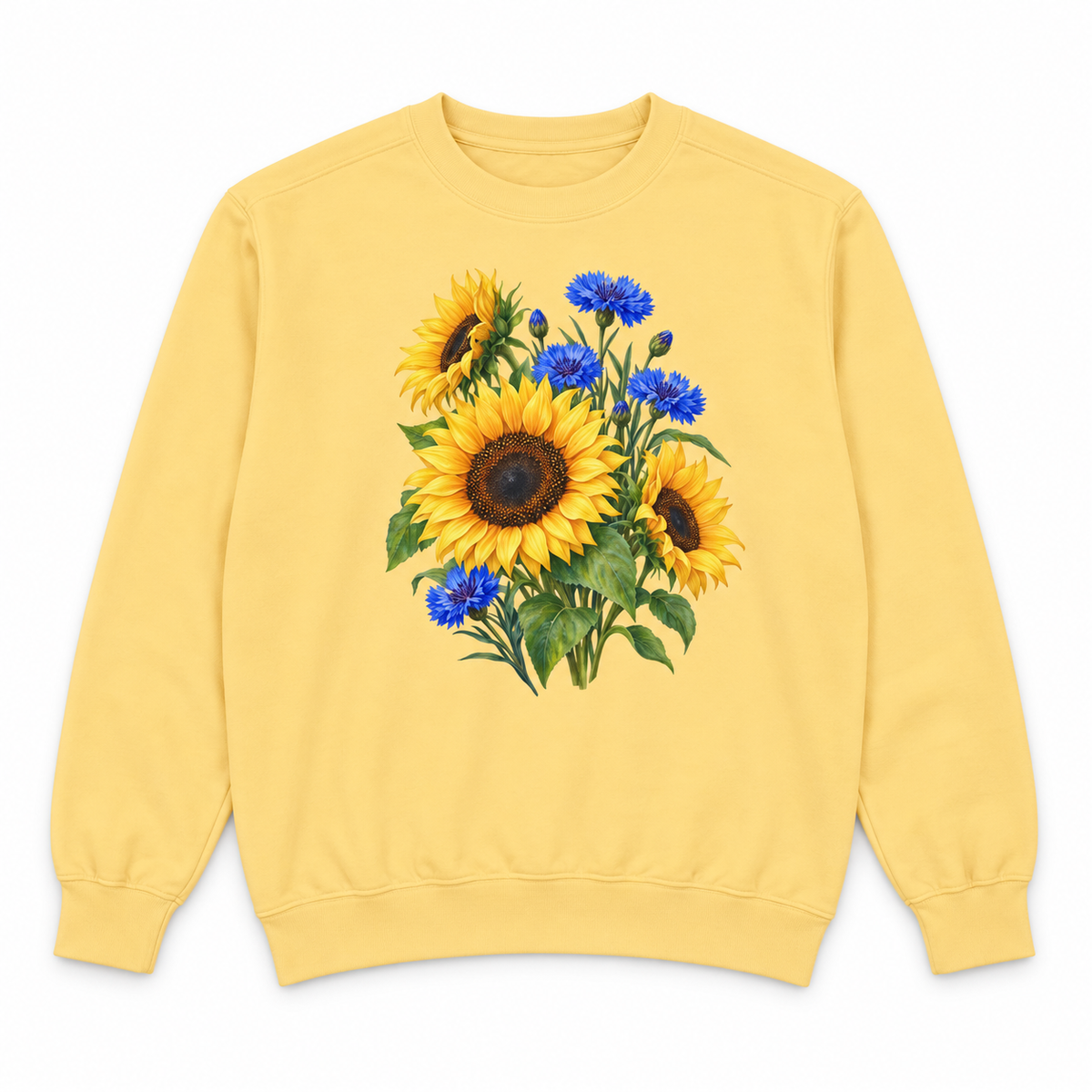 Golden Sunflowers & Cobalt Cornflowers sweatshirt in Butter, flat view