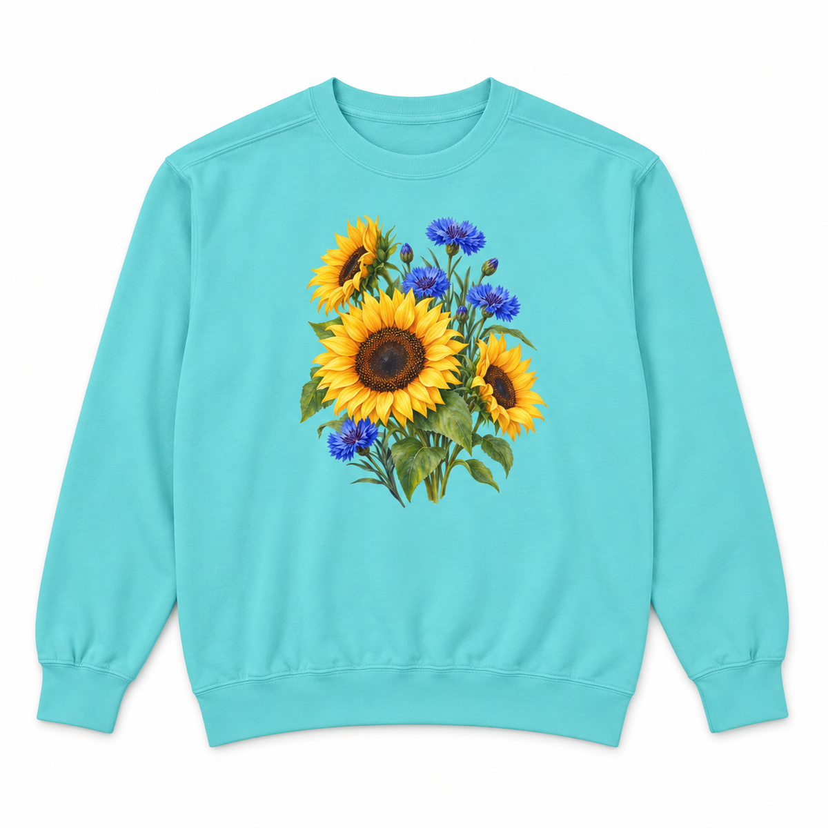 Golden Sunflowers & Cobalt Cornflowers sweatshirt in Chalky Mint, flat view