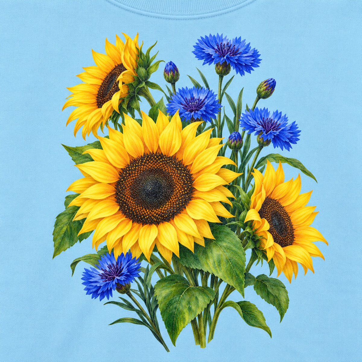 Close-up of the sunflower and cornflower print on Chambray fleece, showing the seed heads, ray petals and fringed blue cornflowers