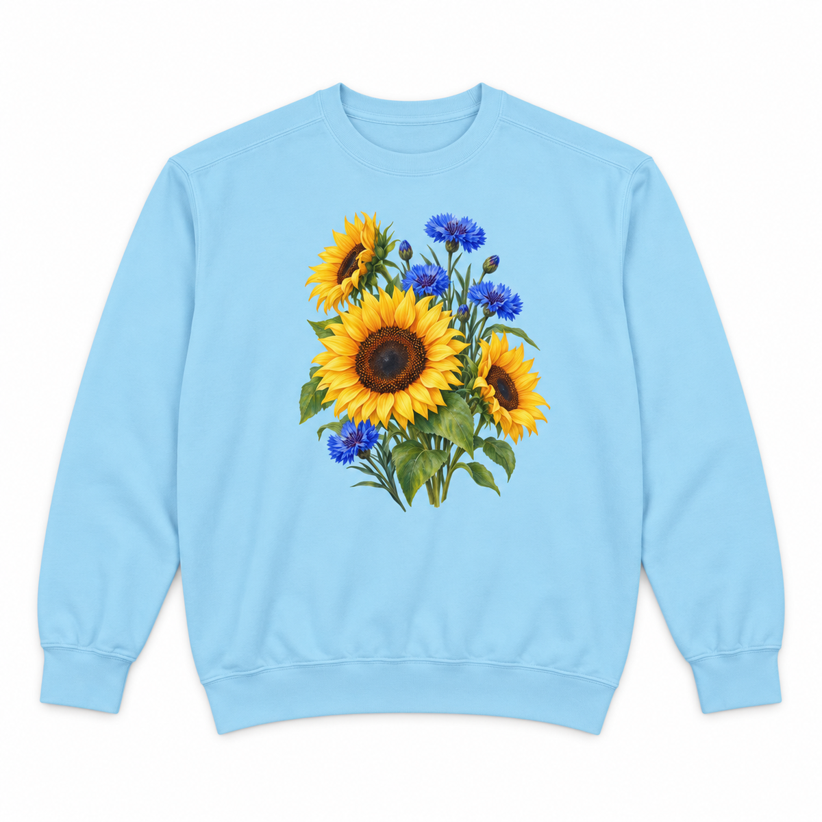 Golden Sunflowers & Cobalt Cornflowers sweatshirt in Chambray, flat view of the garment-dyed Comfort Colors 1566 crewneck