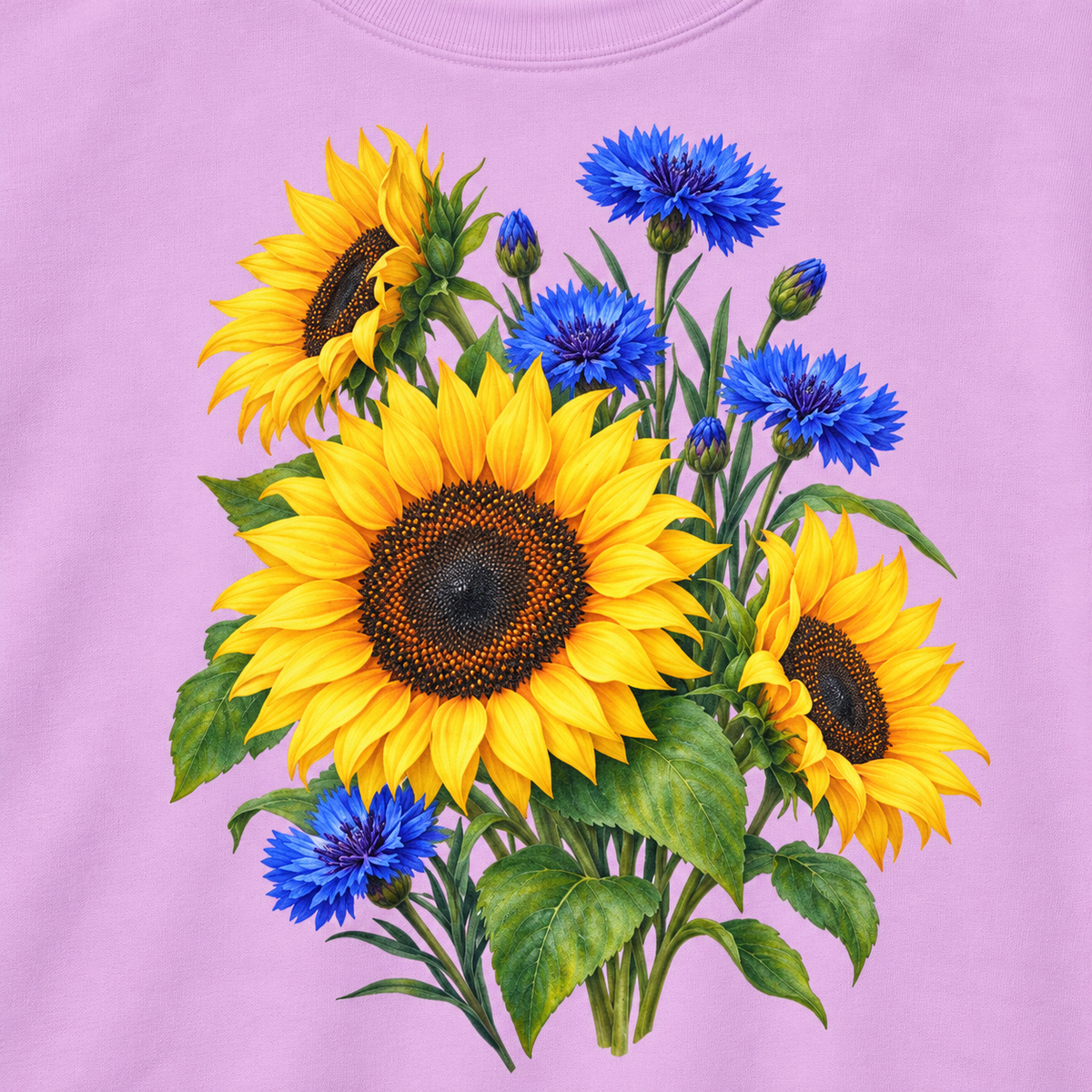 Close-up of the sunflower and cornflower print on Orchid fleece