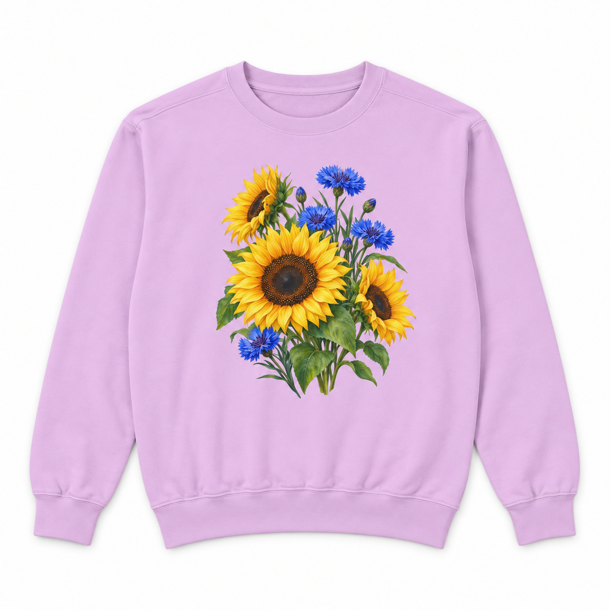Golden Sunflowers & Cobalt Cornflowers sweatshirt in Orchid, flat view