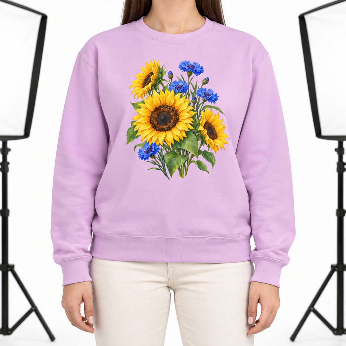 Woman wearing the Golden Sunflowers & Cobalt Cornflowers sweatshirt in Orchid