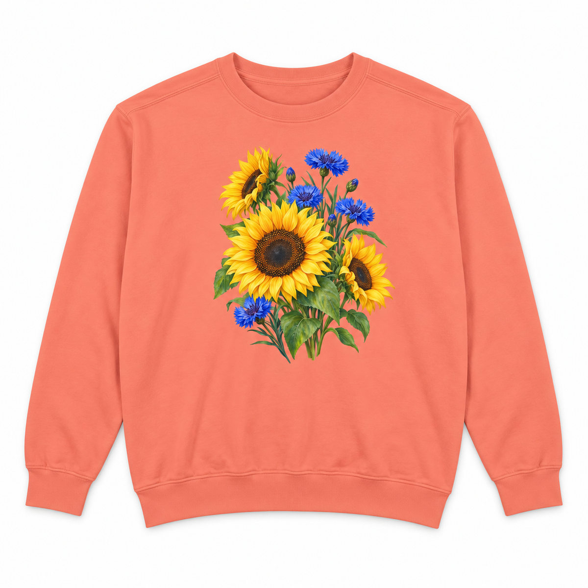 Golden Sunflowers & Cobalt Cornflowers sweatshirt in Terracotta, flat view
