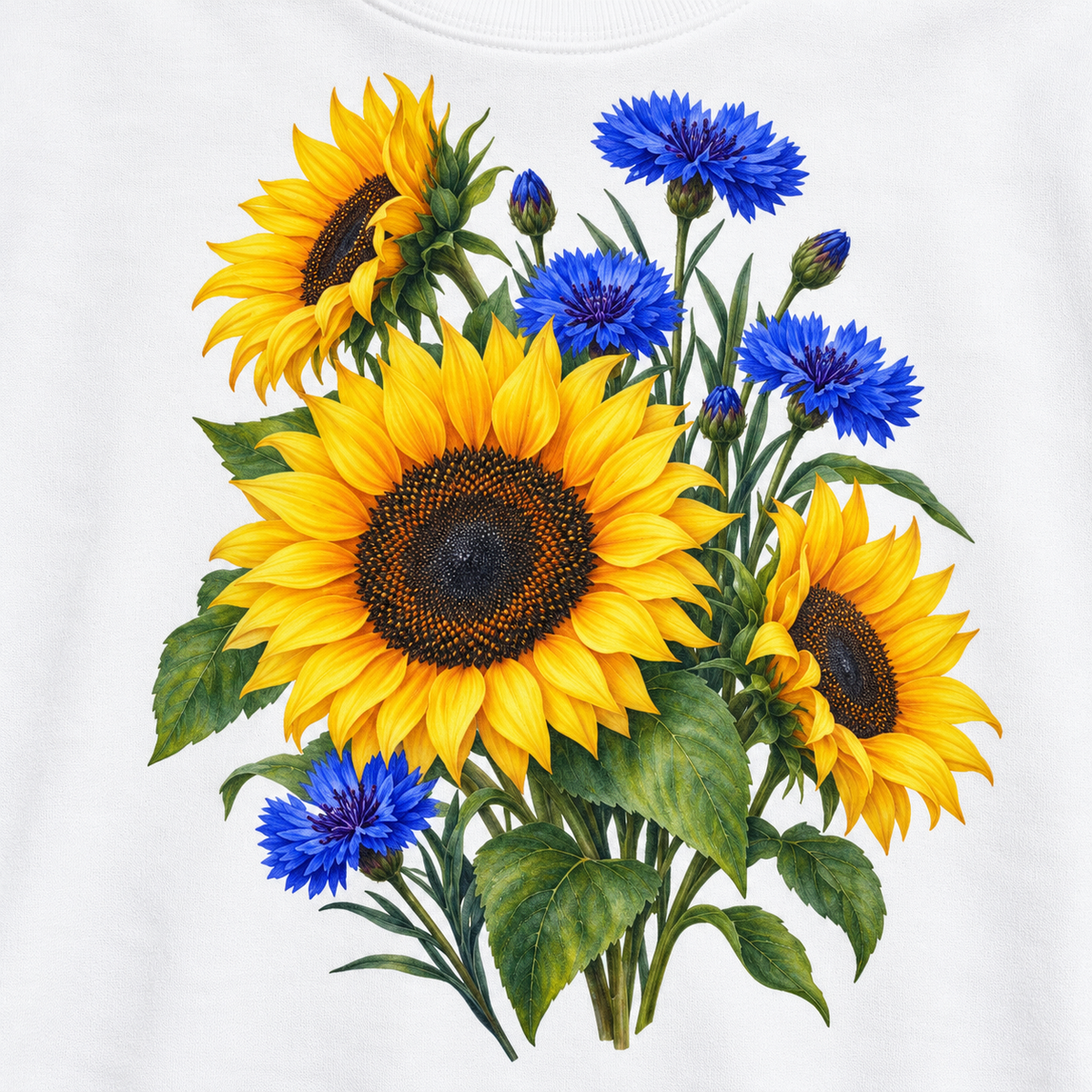Close-up of the sunflower and cornflower print on White fleece