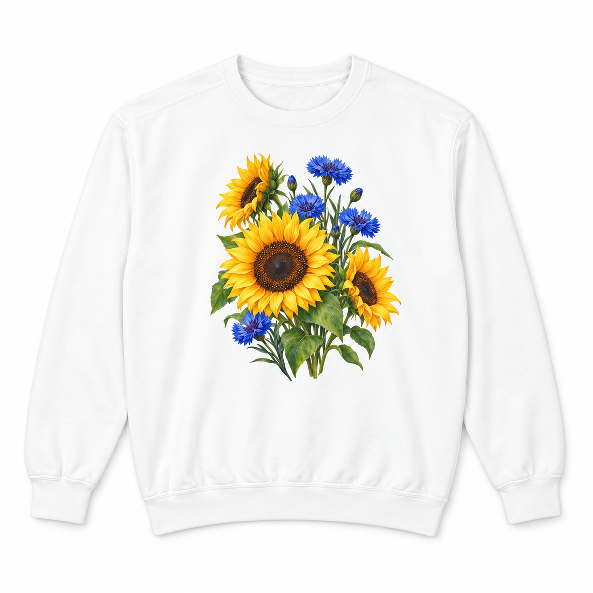 Golden Sunflowers & Cobalt Cornflowers sweatshirt in White, flat view