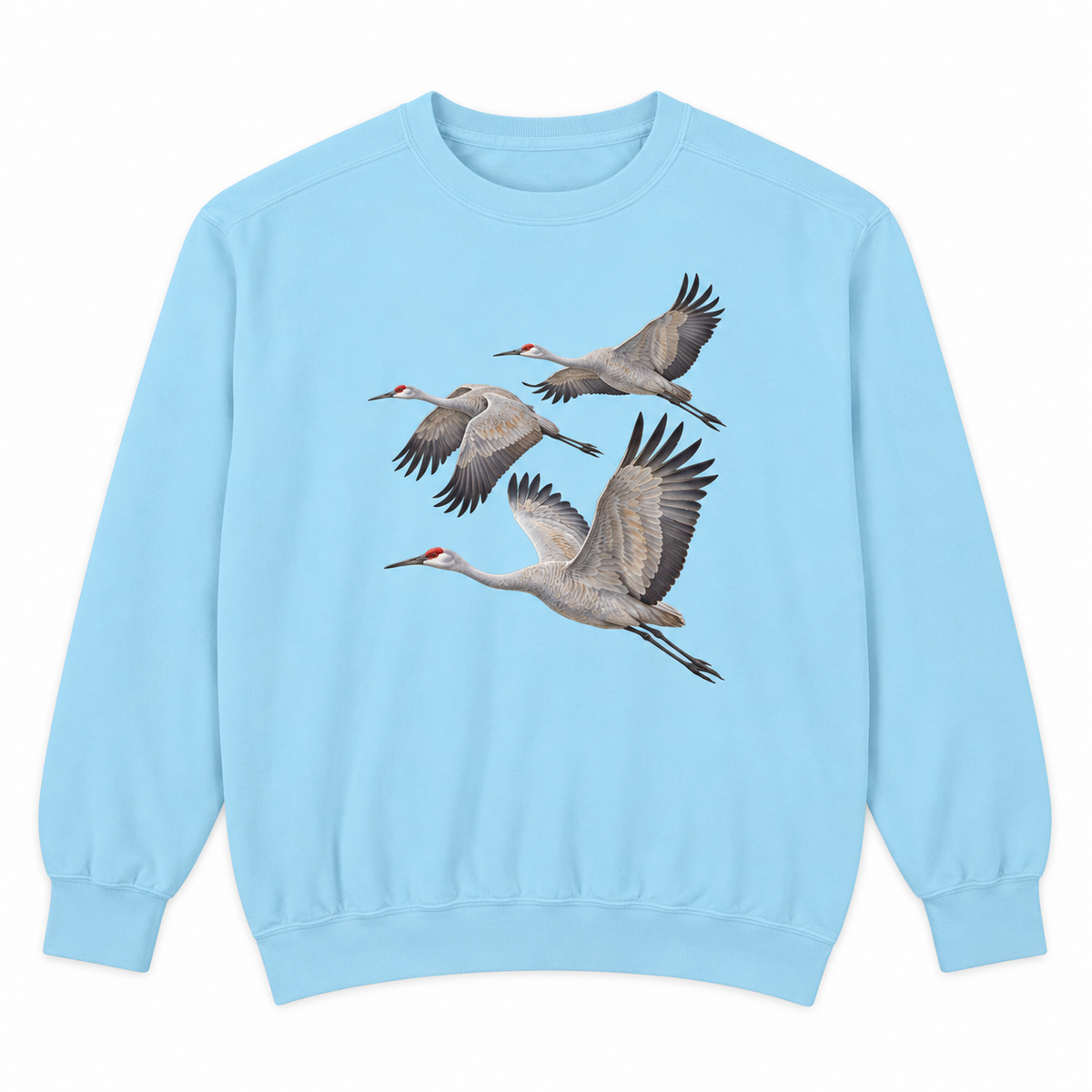 Chambray garment-dyed crewneck sweatshirt with three sandhill cranes in flight printed on the chest, no text, second flat view