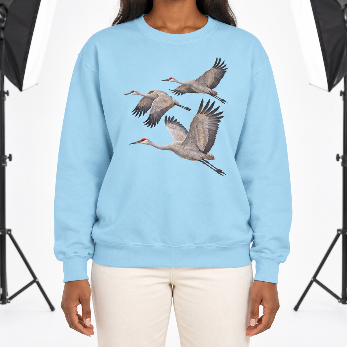 Woman wearing a Chambray Comfort Colors 1566 crewneck sweatshirt with three sandhill cranes in flight printed on the chest, no text