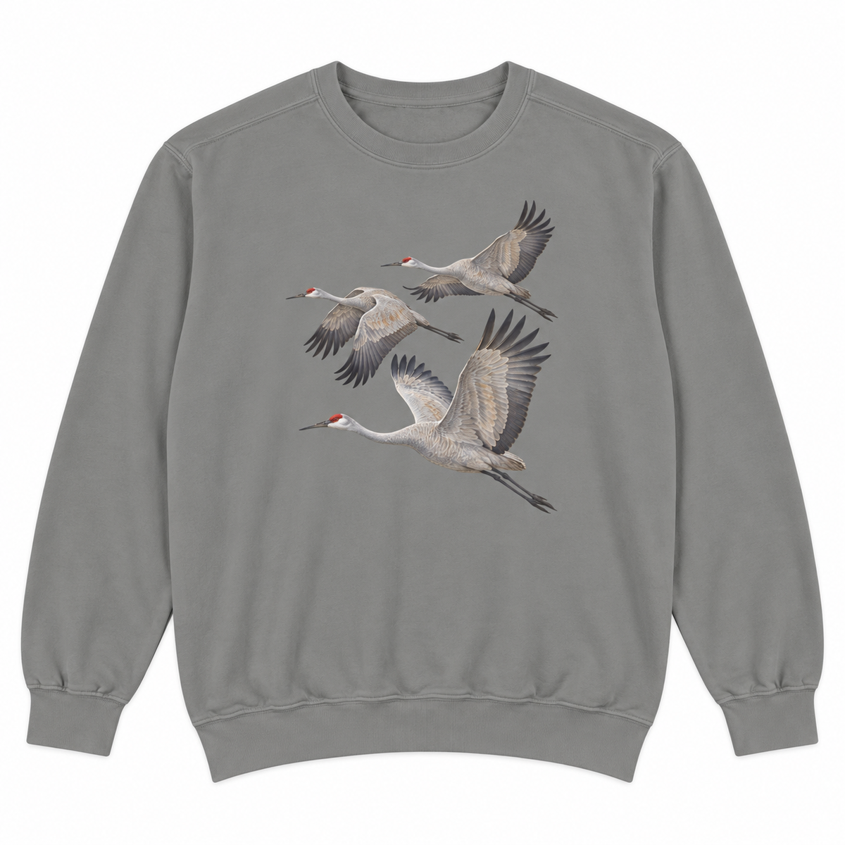 Grey garment-dyed crewneck sweatshirt with three sandhill cranes in flight printed on the chest, no text, second flat view