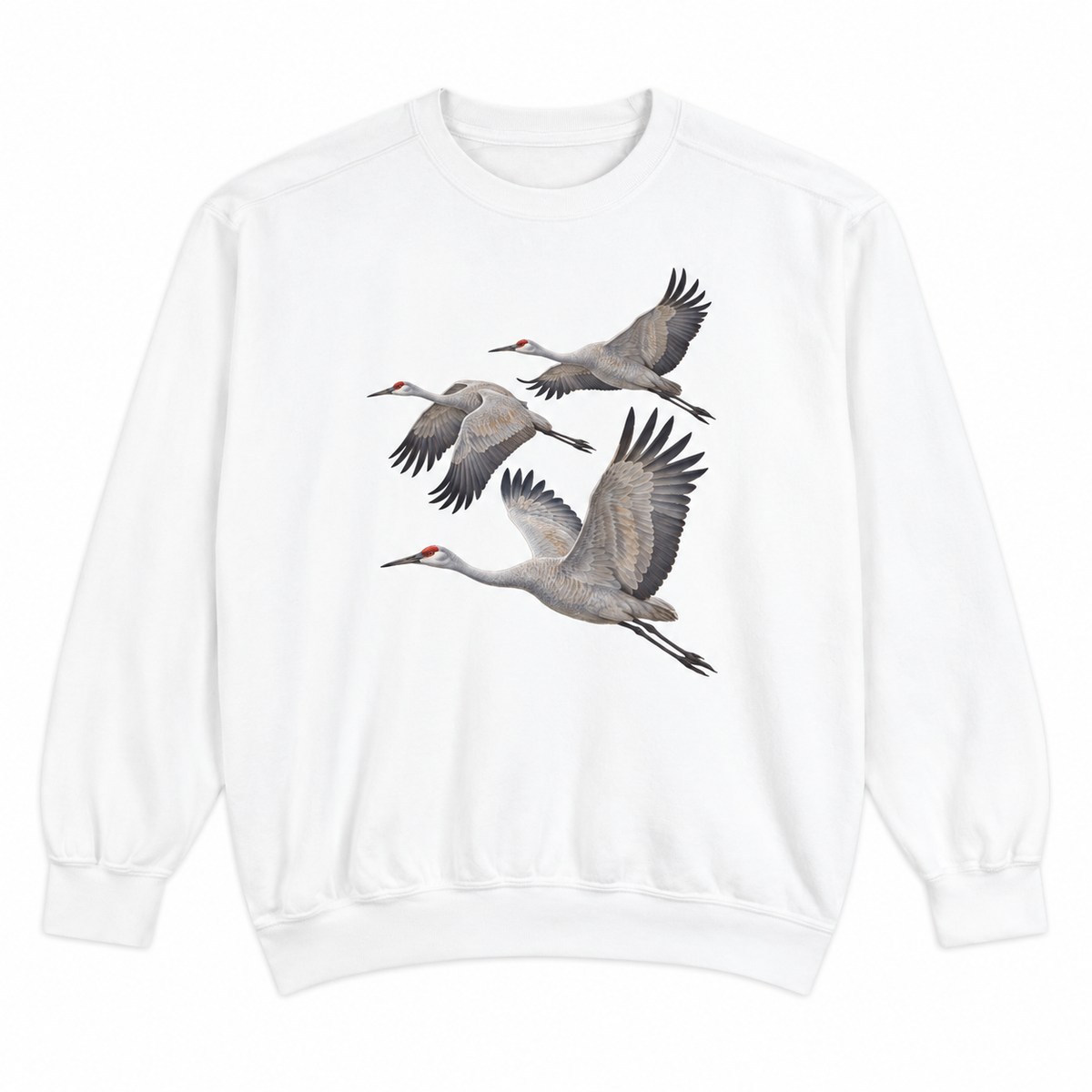 White garment-dyed crewneck sweatshirt with three sandhill cranes in flight printed on the chest, no text, second flat view