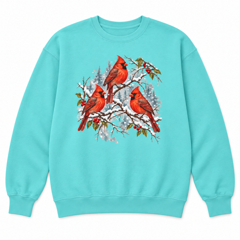 Front view of a Chalky Mint Comfort Colors 1566 crewneck sweatshirt with three red cardinals on snowy winterberry branches printed on the chest, no text, laid flat