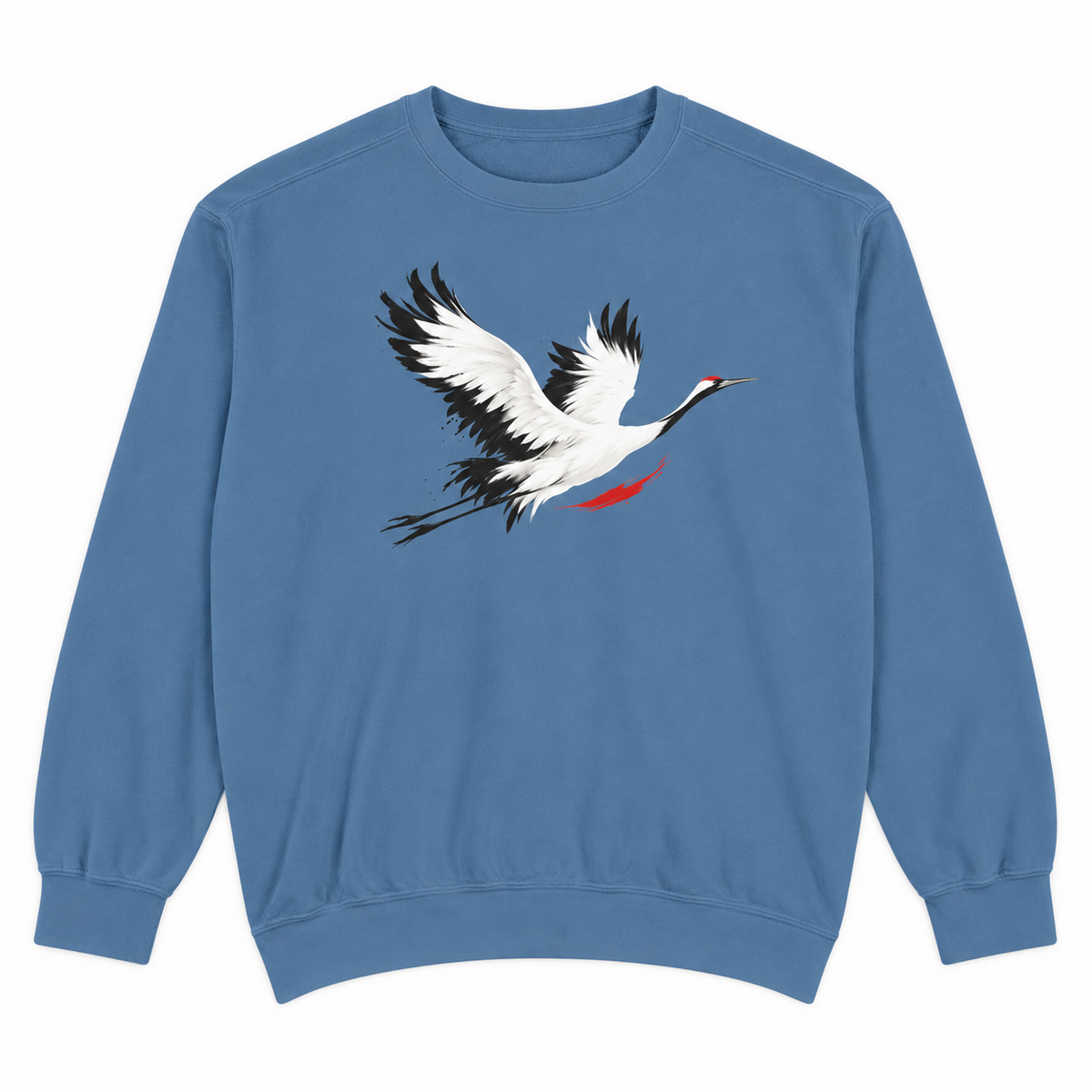 Front view of a Blue Jean Comfort Colors 1566 crewneck sweatshirt with a minimalist red-crowned crane in flight printed on the chest, no text, laid flat