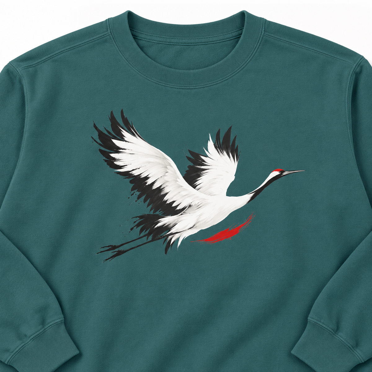 Blue Spruce Comfort Colors 1566 crewneck sweatshirt with a minimalist red-crowned crane in flight printed on the chest, no text, laid flat