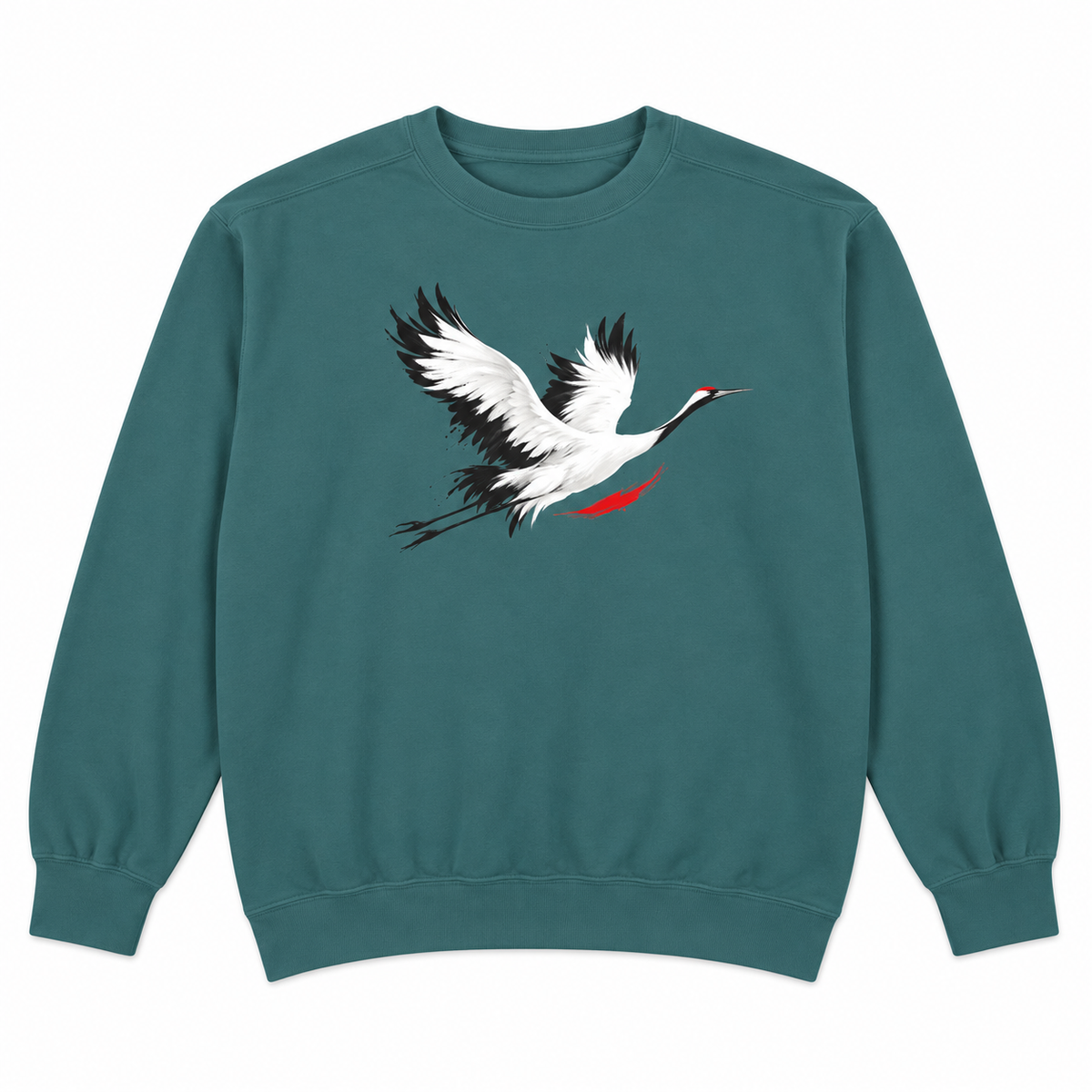 Front view of a Blue Spruce Comfort Colors 1566 crewneck sweatshirt with a minimalist red-crowned crane in flight printed on the chest, no text, laid flat