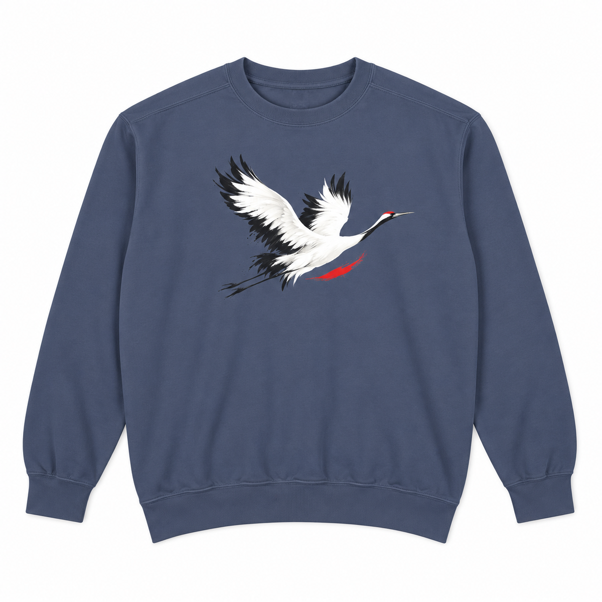 Front view of a Denim Comfort Colors 1566 crewneck sweatshirt with a minimalist red-crowned crane in flight printed on the chest, no text, laid flat