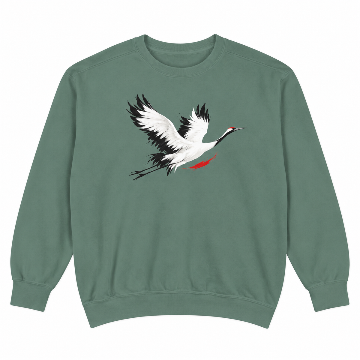 Light Green Comfort Colors 1566 crewneck sweatshirt with a minimalist red-crowned crane in flight printed on the chest, no text, laid flat