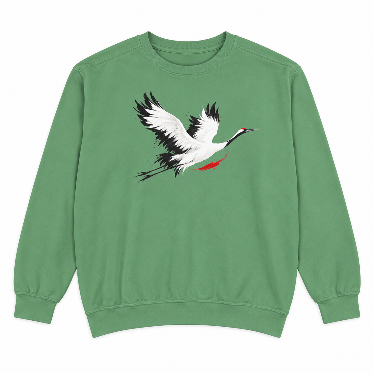 Front view of a Light Green Comfort Colors 1566 crewneck sweatshirt with a minimalist red-crowned crane in flight printed on the chest, no text, laid flat