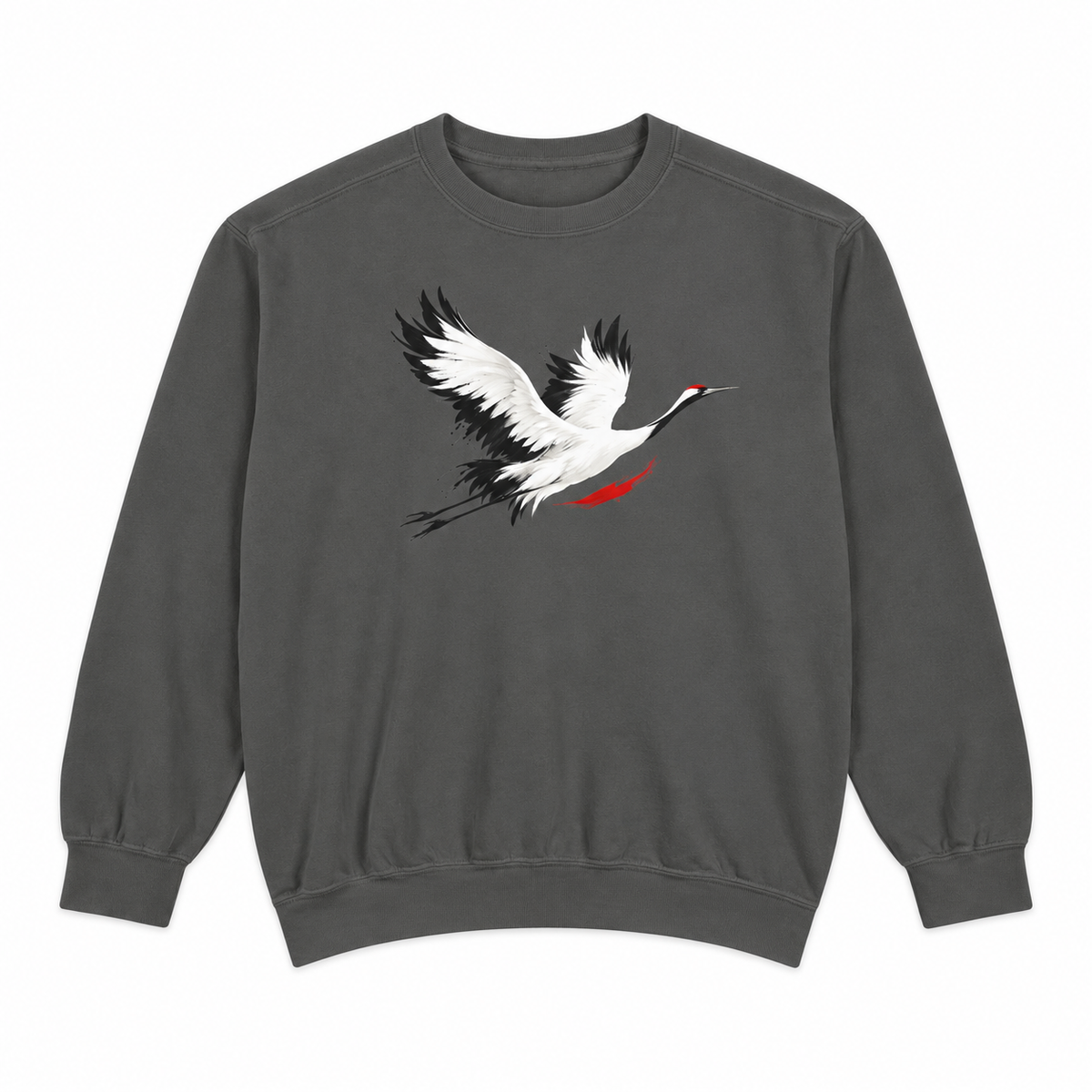 Front view of a Pepper Comfort Colors 1566 crewneck sweatshirt with a minimalist red-crowned crane in flight printed on the chest, no text, laid flat