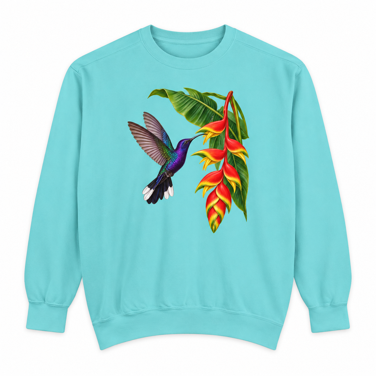 Violet Sabrewing Hummingbird & Heliconia sweatshirt in Chalky Mint, flat view
