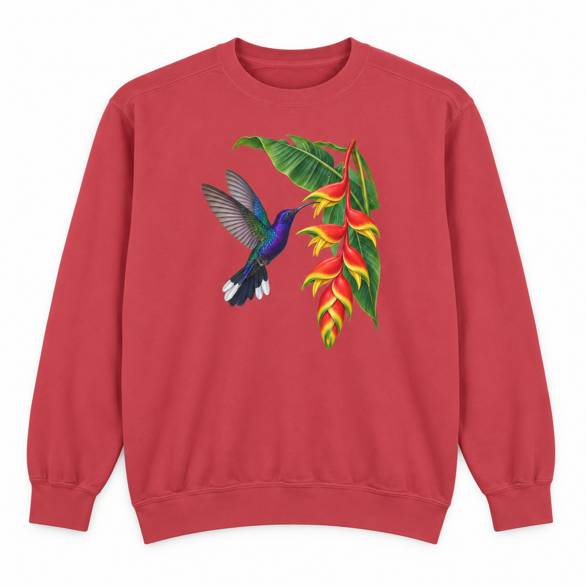 Violet Sabrewing Hummingbird & Heliconia sweatshirt in Crimson, flat view