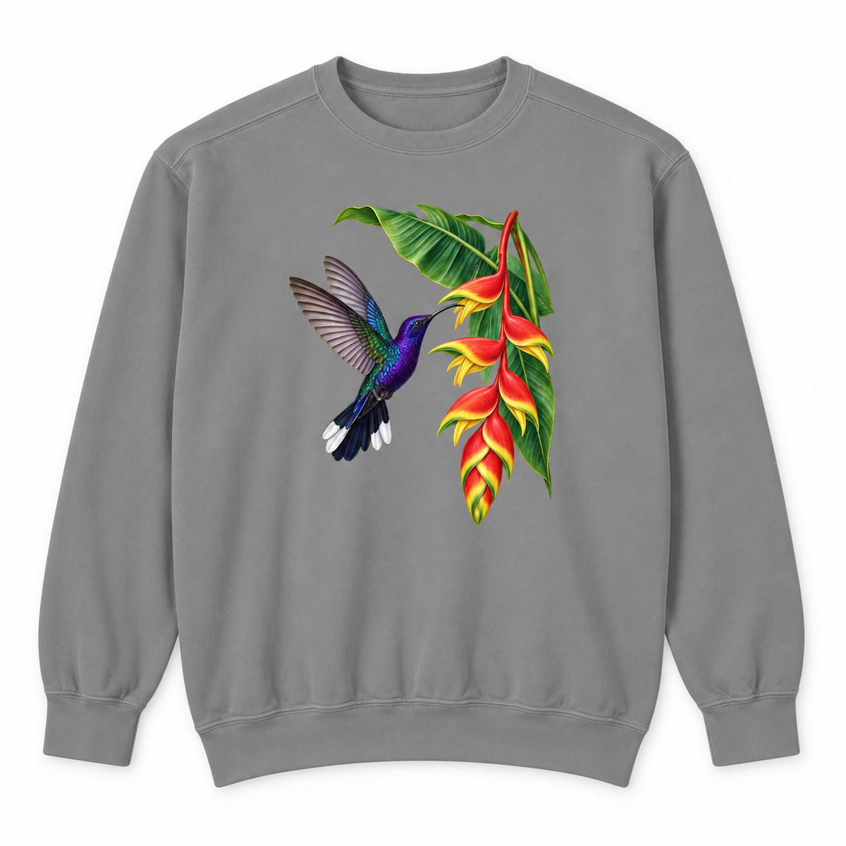 Violet Sabrewing Hummingbird & Heliconia sweatshirt in Grey, flat view