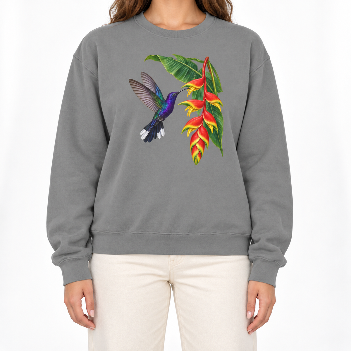 Woman wearing the Violet Sabrewing Hummingbird & Heliconia sweatshirt in Grey