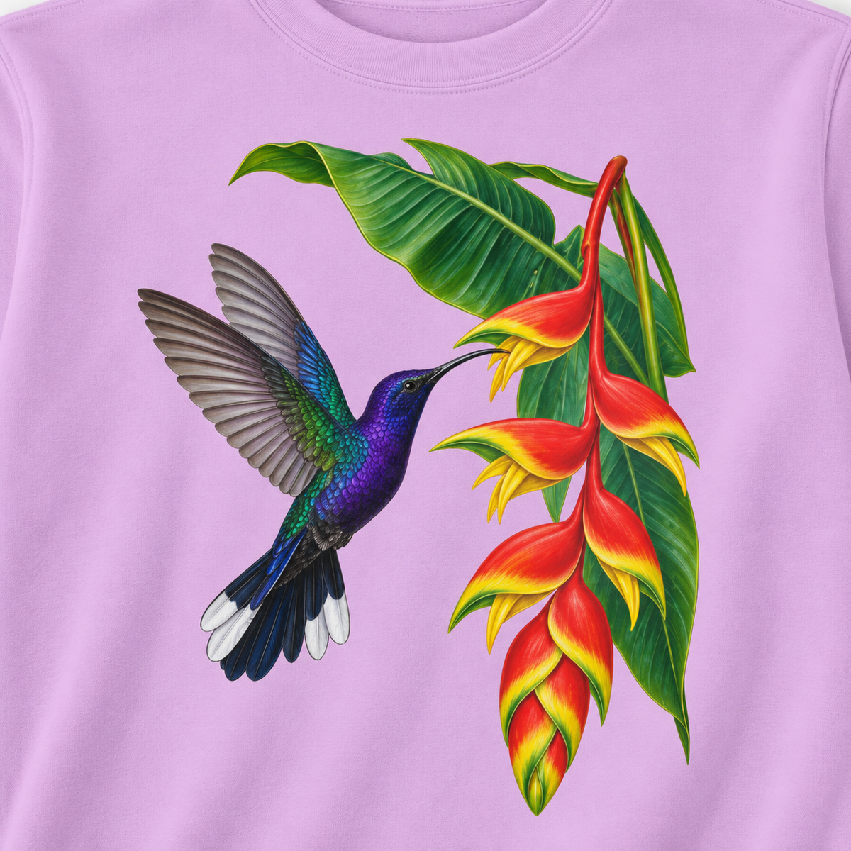 Close-up of the violet sabrewing and heliconia print on Orchid fleece